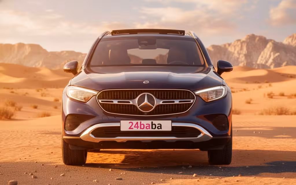 Mercedes Glc300 2021 Blue front view with headlights – rental in Dubai