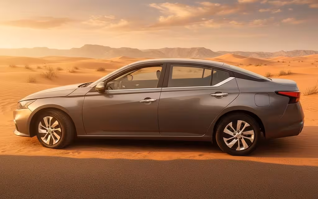 Nissan Altima 2022 Grey front view with headlights – rental in Dubai