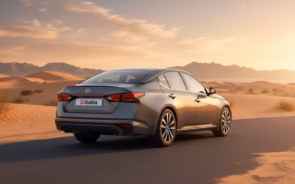 Nissan Altima 2022 Grey rear view showing taillights – rental in Dubai