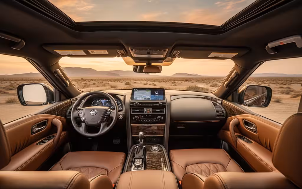 Nissan Armada 2024 interior view showing trim – rental in Dubai Nissan Armada 2024 interior view showing trim – rental in Dubai