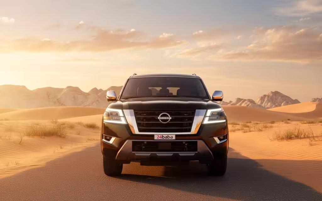 Nissan Armada 2024 Black front view with headlights – rental in Dubai Nissan Armada 2024 Black front view with headlights – rental in Dubai