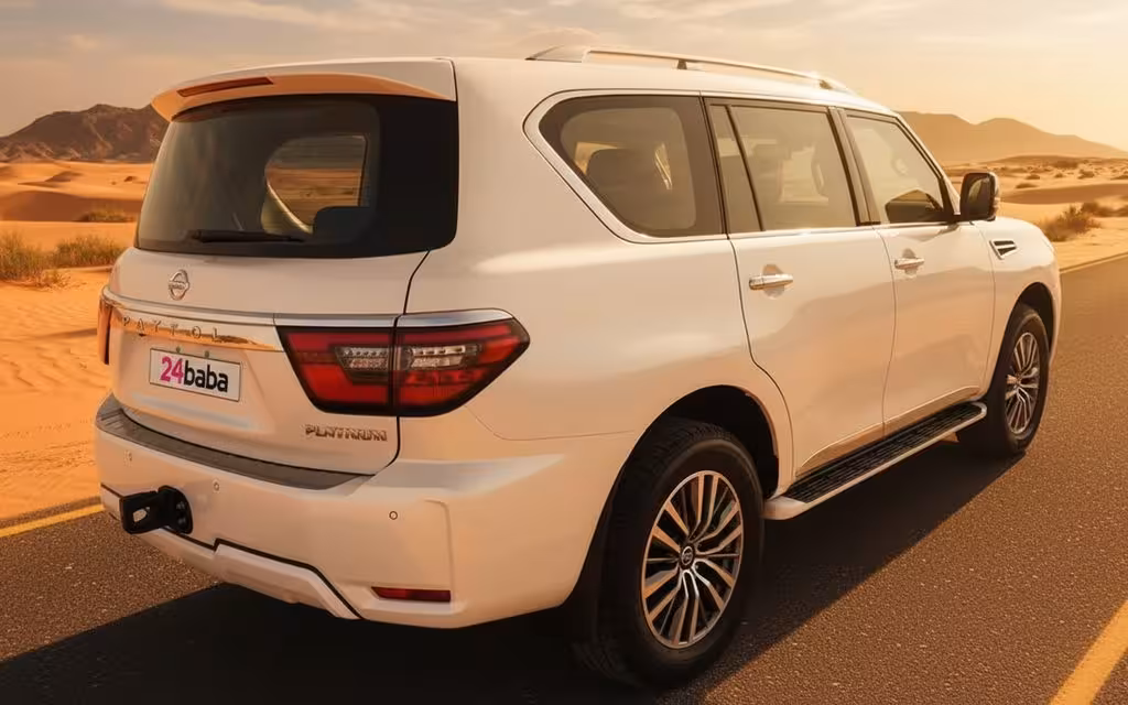 Nissan Patrol 2021 White rear view showing taillights – rental in Dubai