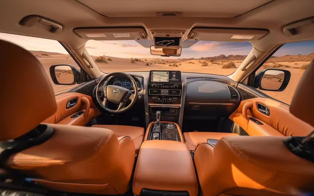 Nissan Patrol 2024 interior view showing trim – rental in Dubai Nissan Patrol 2024 interior view showing trim – rental in Dubai