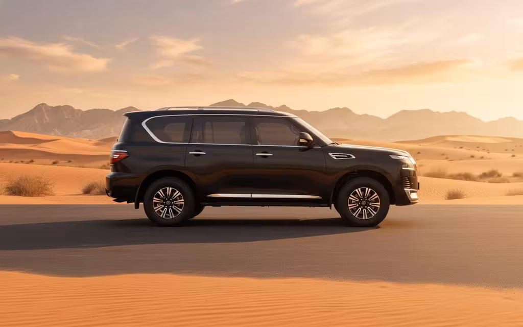 Nissan Patrol 2024 Black side profile – rental in Dubai Nissan Patrol 2024 Black side profile – rental in Dubai