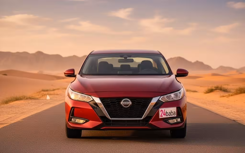 Nissan Sentra 2022 Red front view with headlights – rental in Dubai