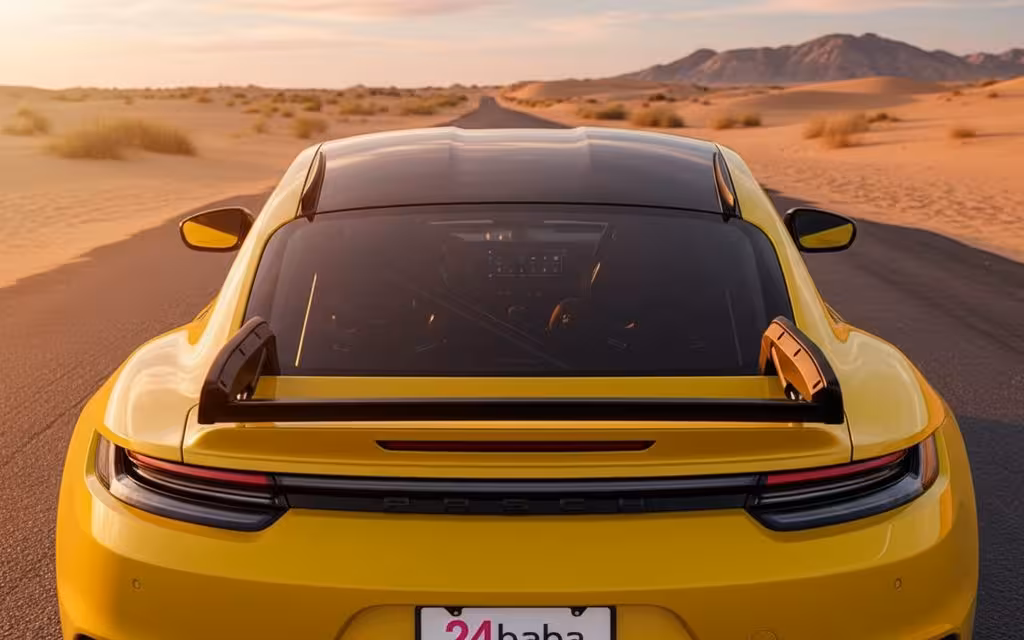 Porsche 911 2024 Yellow rear view showing taillights – rental in Dubai