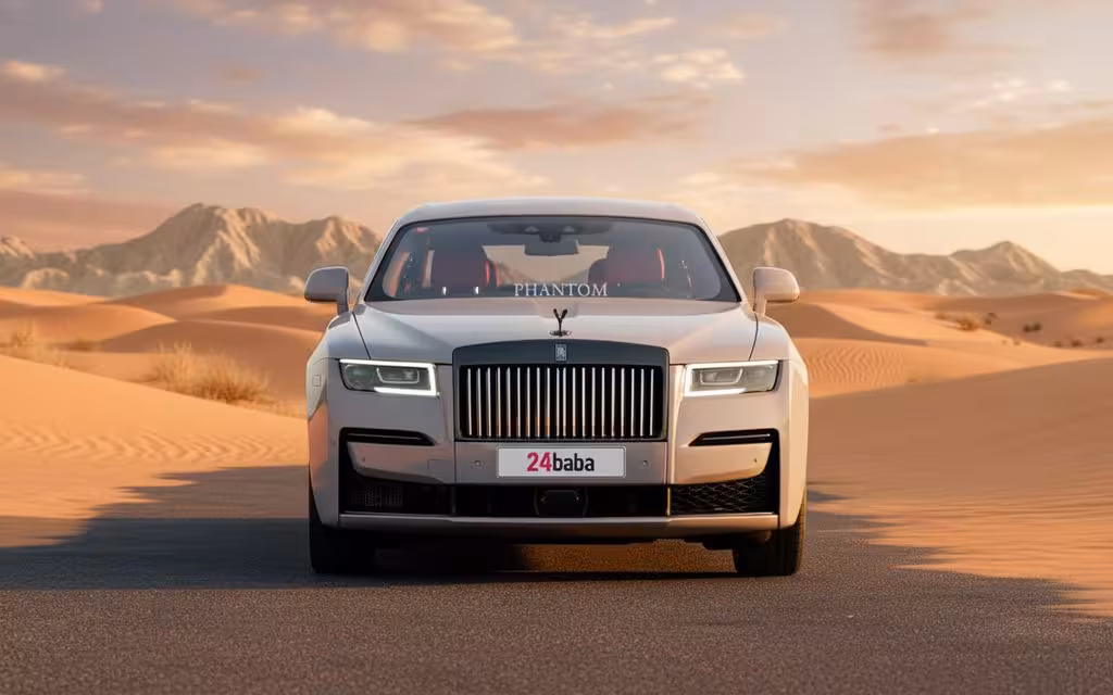 RollsRoyce Ghost 2023 Grey front view with headlights – rental in Dubai