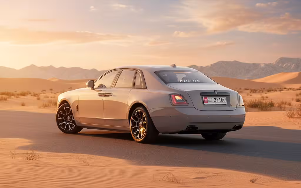 RollsRoyce Ghost 2023 Grey rear view showing taillights – rental in Dubai
