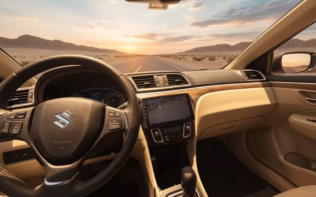 Suzuki Ciaz 2025 interior view showing trim – rental in Dubai