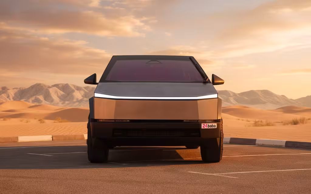 Tesla Cybertruck 2025 Yellow front view with headlights – rental in Dubai