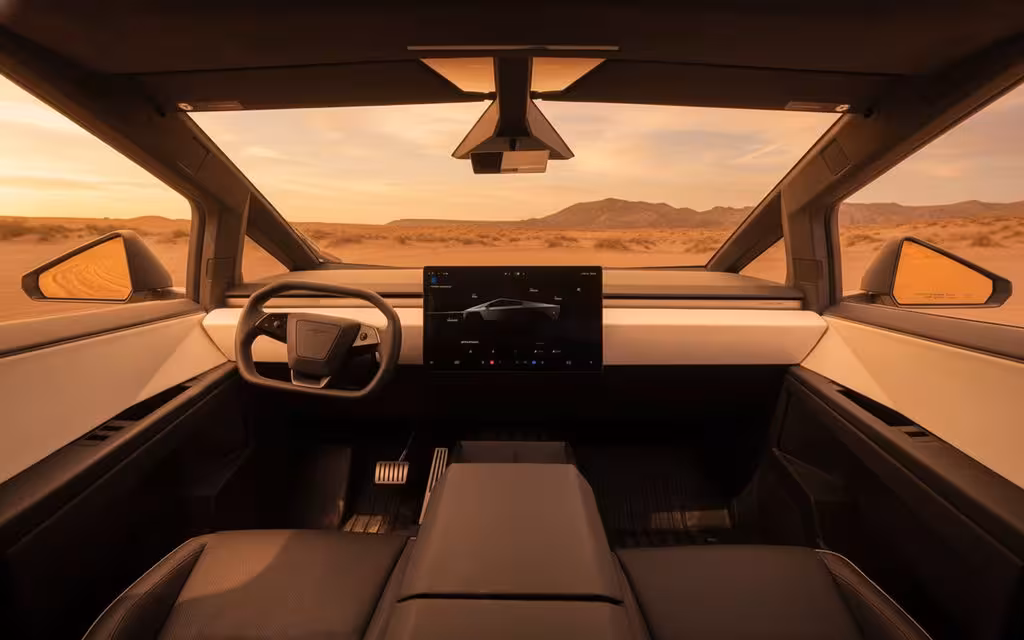 Tesla Cybertruck 2025 interior view showing trim – rental in Dubai