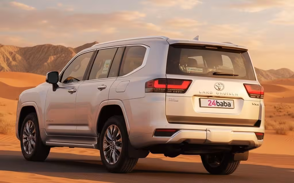 Toyota LandCruiser 2023 Silver rear view showing taillights – rental in Dubai