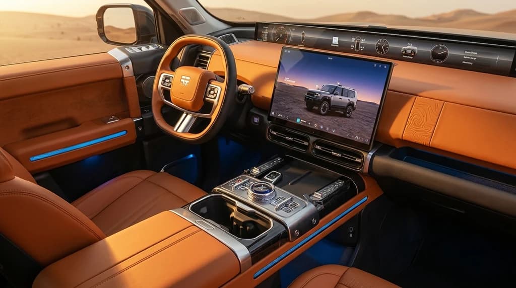 Jetour G700 2026 dashboard with steering wheel, curved display and tan leather trim – rental in Dubai