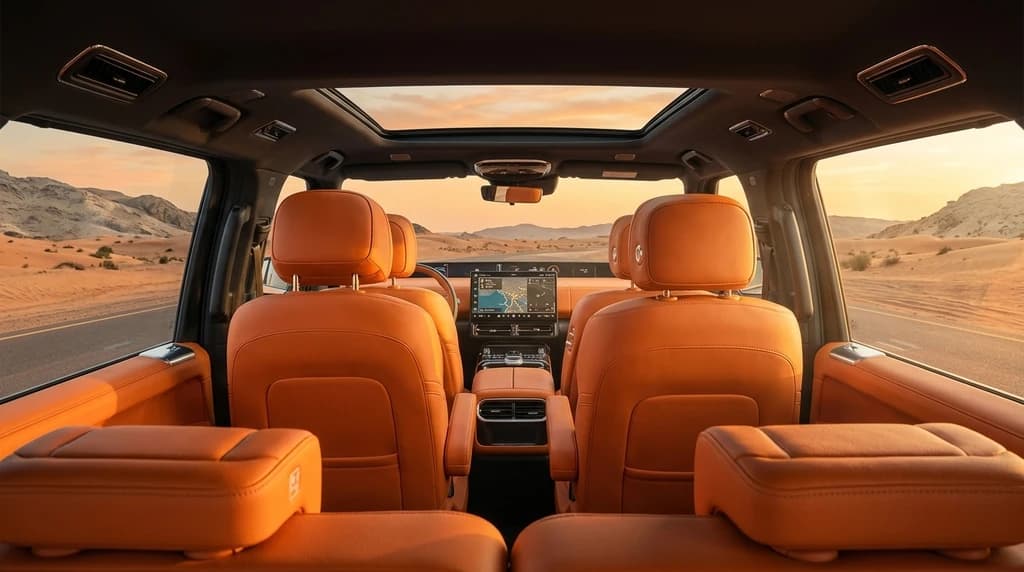 Jetour G700 2026 cabin looking forward over the tan leather captain chairs and panoramic roof – rental in Dubai
