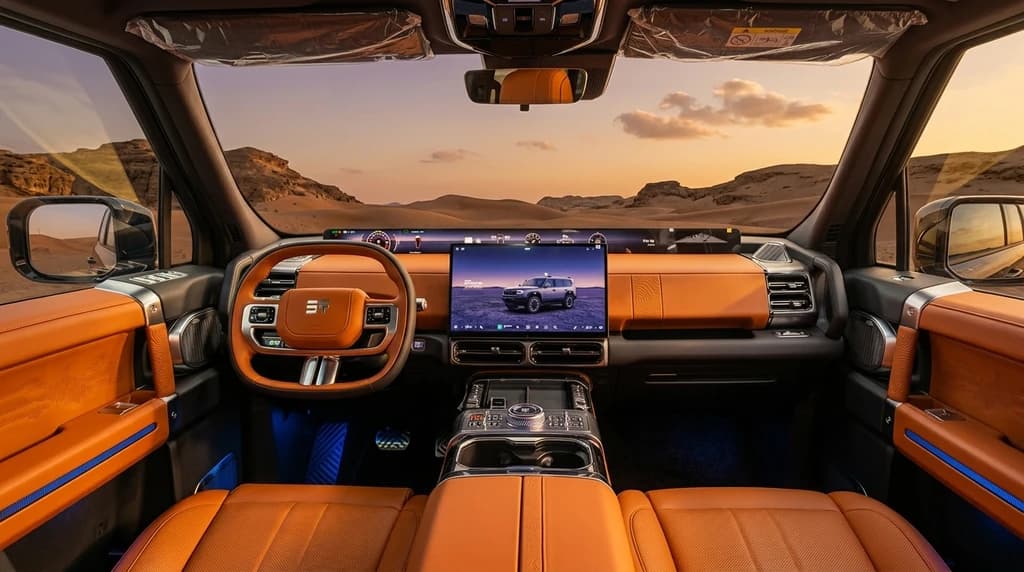 Jetour G700 2026 interior dashboard with twin curved screens and centre console – rental in Dubai