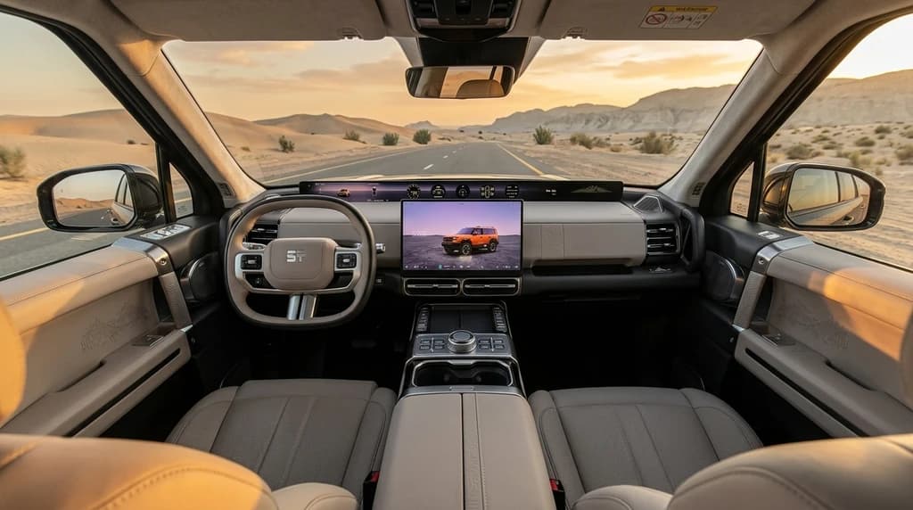 Jetour G700 2027 dashboard with curved driver display and centre touchscreen – rental in Dubai