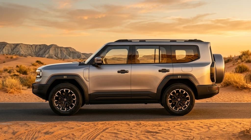 Jetour G700 2027 Grey full side profile on the desert road – rental in Dubai