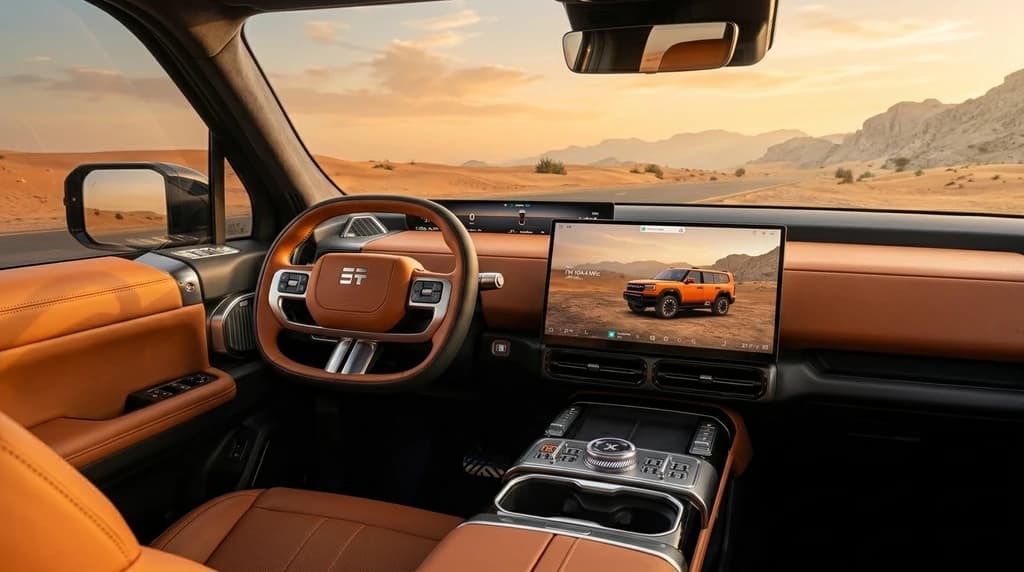 Jetour G700 Flagship 2026 dashboard with steering wheel and centre touchscreen in tan leather – rental in Dubai