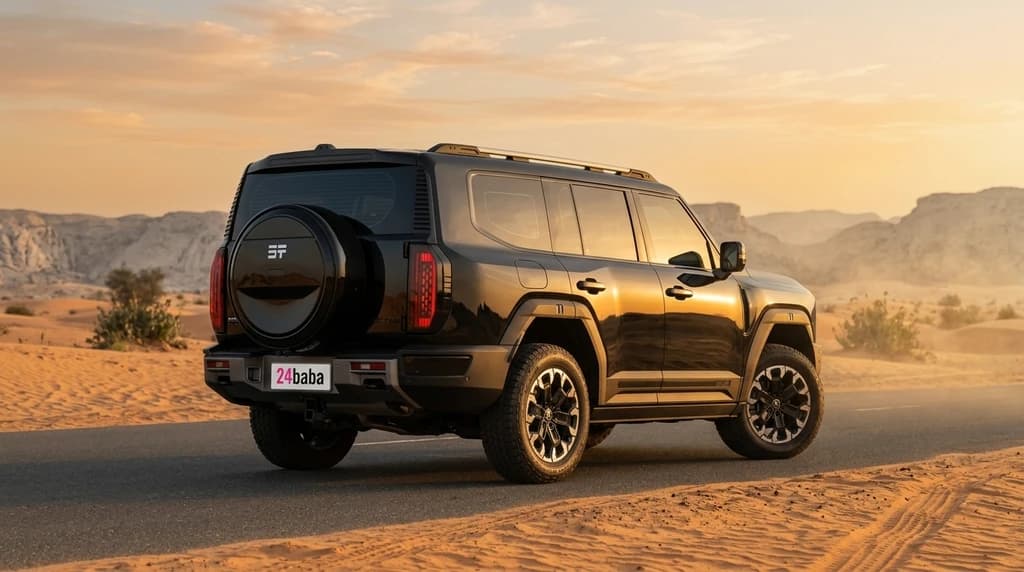 Jetour G700 Flagship 2026 Black rear three-quarter view with tailgate spare wheel – rental in Dubai