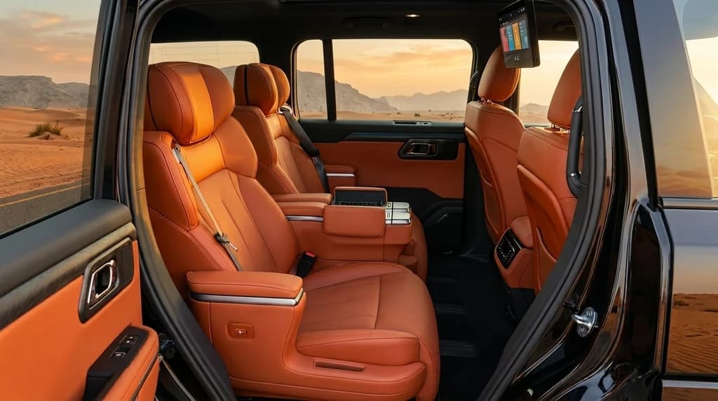 Jetour G700 Flagship 2026 second row captain chairs with rear entertainment screen through the open door – rental in Dubai
