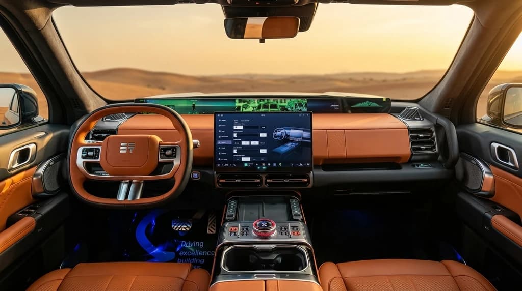 Jetour G700 Flagship 2027 dashboard with curved display, rotary drive selector and tan leather trim – rental in Dubai
