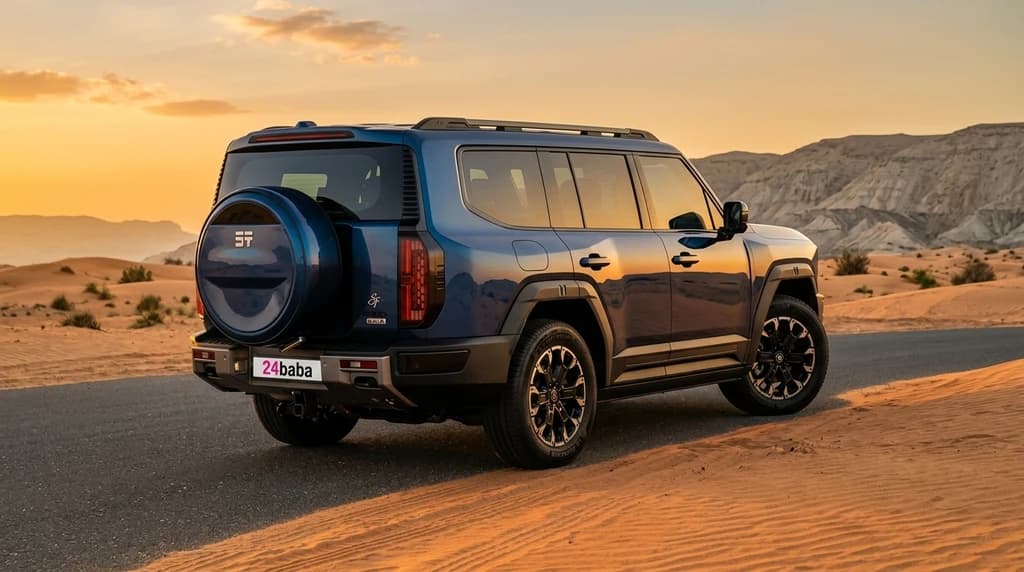 Jetour G700 Flagship 2027 Blue rear three-quarter view with tailgate spare wheel – rental in Dubai